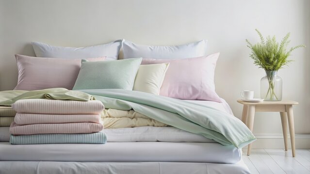Freshly laundered bed linens in soft pastel colors on background, bedding, sheets, pillowcases, blankets, laundry, clean, stack