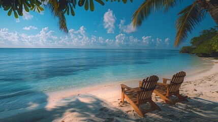 Tranquil retirement party invitation featuring an open area island resort with beach chairs with a writing space on the right side for retirement wishes and celebration details