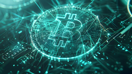 Fototapeta premium Bitcoin and Blockchain Technology concept, Iconic Bitcoin Symbol Amidst a Futuristic Digital Network 