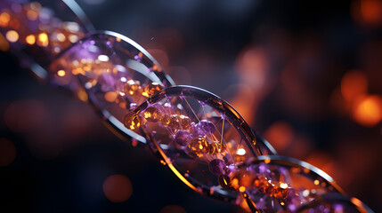 3d rendering illustration visualized DNA double helix structure combine with particles floating along dark blue background, clean visual composition with dark edge