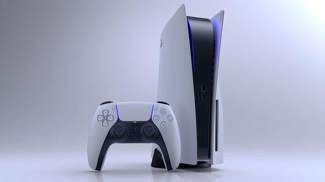  A pristine white PlayStation 5 console, paired with its futuristic-looking controller, stands out against a minimalist background