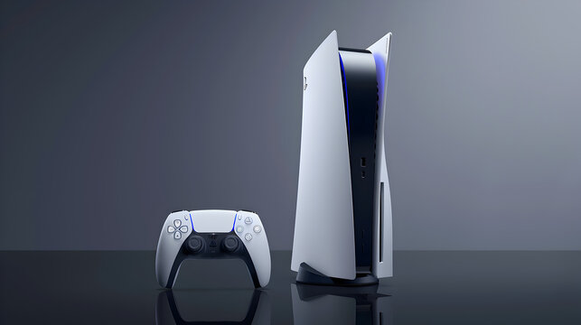  A pristine white PlayStation 5 console, paired with its futuristic-looking controller, stands out against a minimalist background