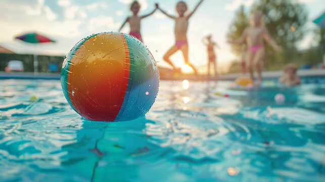 Closeup of a large inflatable colorful ball floating off center in an idyllic swimming pool with defocused family cookout in background happy sunny positive emotion children jump into water pool party