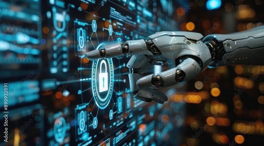 Poster cybersecurity concept with robotic hand interacting with digital lock