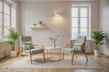 Empty modern psychotherapy room with two chairs, calm pastel colors, professional interior design, sharp focus, ample blank space for text or captions, serene atmosphere.