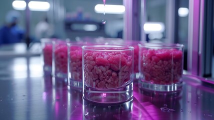 Process of producing synthetic meat in the laboratory. Artificial protein meat grown in a food laboratory.