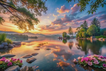 "Soothing atmosphere of relaxation, soft pastel hues, calming ambiance, peaceful stillness, serene beauty, gentle breeze, and tranquility evoke feelings of deep relaxation."