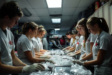 Medical Students Working In A Hospital Setting Preparing Supplies