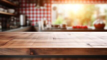 Wooden table. Empty wooden table on blurred kitchen background.