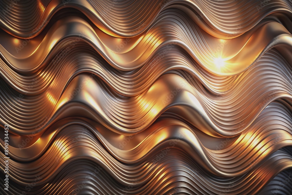 Poster shimmering metallic waves and ruffles undulate across a sleek, modern abstract background, creating 