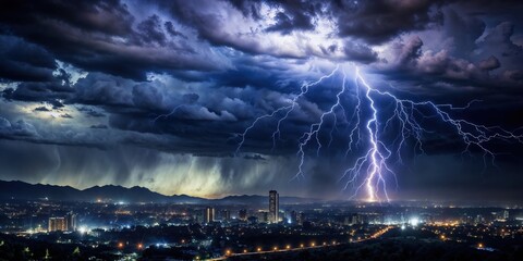 Lightning and thunderstorm with rain over a modern night metropolis. Clouds over city.