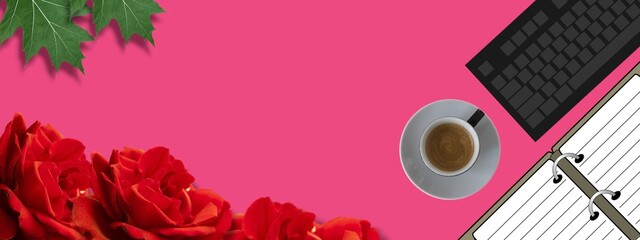 Red flower frame, coffee and notebook. Spacy negative background is good for additional project design.