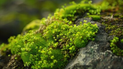 Obraz premium Close-up shot of a moss-covered rock with intricate lichen patterns