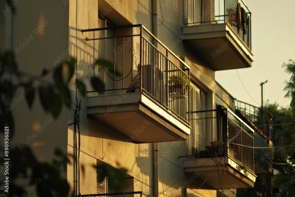 Poster high-rise building with multiple balconies