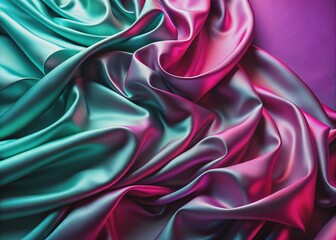 Obraz premium Luxurious pink turquoise silk satin fabric with gradient wavy folds, shiny surface, and stunning purple teal background providing ample space for design elements.