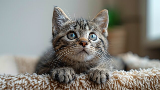 A cute kitten lying on the bed, looking at you with big eyes and paws hanging down from above. A high definition photograph in the style of photography.