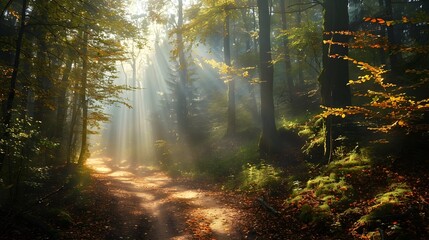 Fototapeta premium Serene Misty Autumn Forest with Towering Trees and Vibrant Foliage