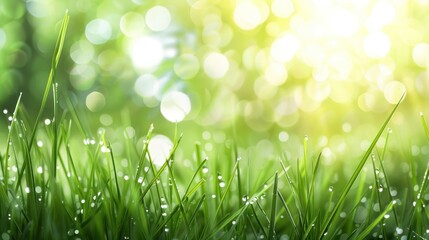 Obraz premium Green Grass with Dew Drops and Bokeh Background