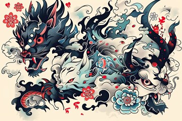 Three fierce Japanese mythical creatures in a dynamic composition adorned with floral elements and swirls