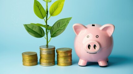 Smiling pink pig piggy bank, a stack of gold coins and a green plant growing, isolated on blue background. Investment success, savings concept