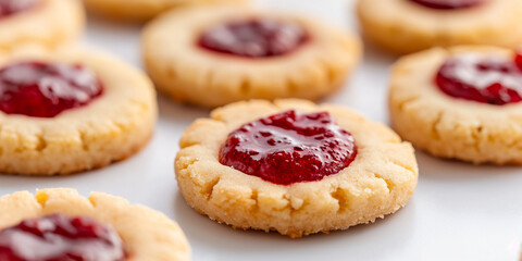 An image of classic thumbprint cookies, featuring round shortbread cookies with a center indentation filled with vibrant raspberry jam, set against a clean white background