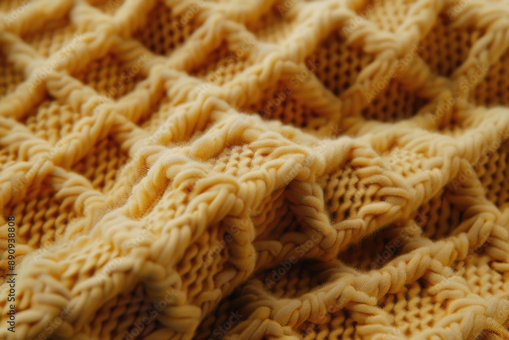 Poster a close-up shot of a bright yellow knitted blanket with intricate details and texture