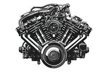 A detailed black and white illustration of a powerful engine showcasing its intricate mechanics and robust design
