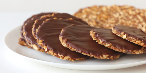 An image of traditional Florentine cookies, featuring thin, lacy cookies made from a mixture of chopped nuts and dried fruits, with a chocolate coating on one side