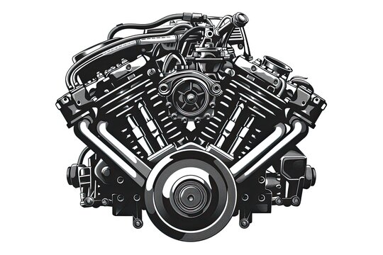 A detailed black and white illustration of a powerful engine showcasing its intricate mechanics and robust design