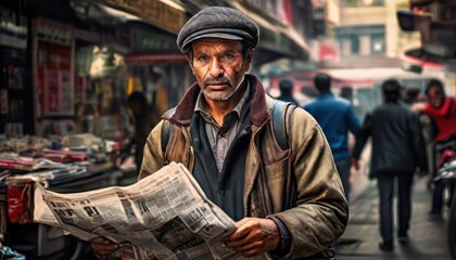 Fototapeta premium A Man Reading a Newspaper on a Busy Street