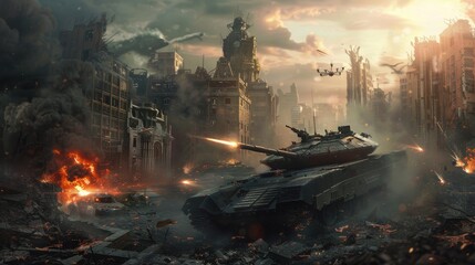 Fototapeta premium Futuristic Tank with EMP Cannons and Drone Support Battling in Post-Apocalyptic Urban Warzone - Realistic Photo