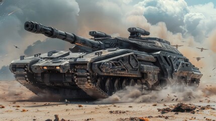 Futuristic Tank with Railguns and Plasma Shields Advancing through High-Tech Wasteland