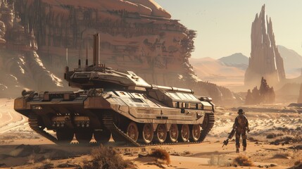 Futuristic High-Tech Tank Patrolling Desert Outpost with Modular Armor and Adaptable Weapons Systems - Realistic Photo