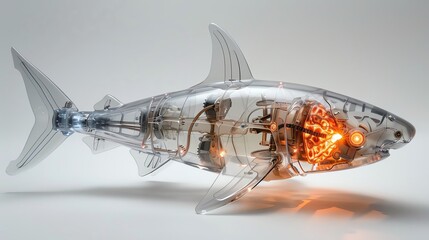 Transparent robotic shark with visible inner mechanisms and glow