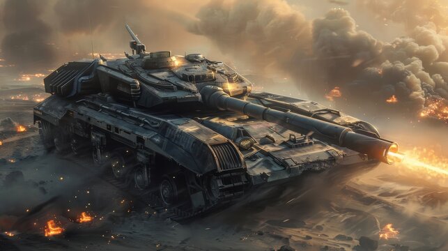 Futuristic Tank with Railguns and Plasma Shields Advancing in High-Tech Wasteland
