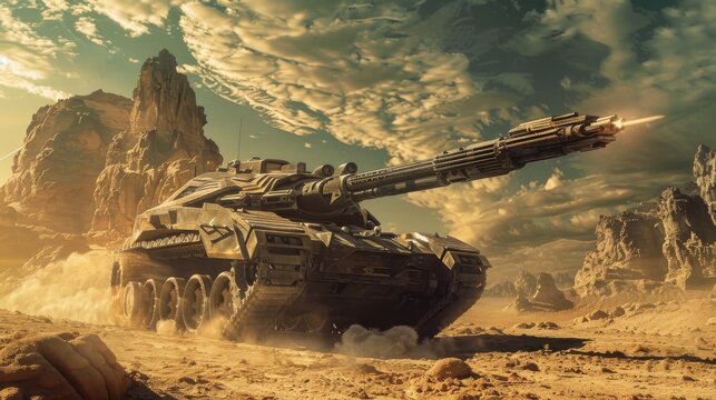 Futuristic Sci-Fi Tank with Anti-Gravity Engines and Laser Turrets Exploring an Alien Terrain with Realistic Detail