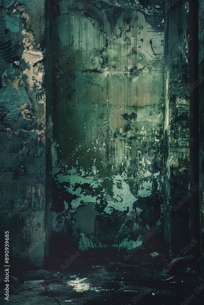 Poster a worn-out building with peeling paint and faded exterior, suitable for use as a background or in a 