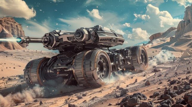 Futuristic Anti-Gravity Tank with Laser Turrets Exploring Alien Terrain in Sci-Fi Landscape