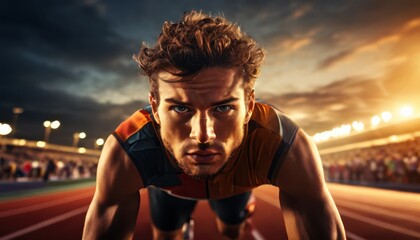 A man on a running track with spectators watching and lights in the background.