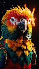 Obraz premium a parrot in clothes made of fire and gold. surrounded by the fiery sun and stars