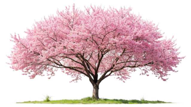 Beautiful blooming pink cherry blossom tree isolated on white background. Concept of spring, beauty, nature, and tranquility