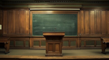 University lecture hall with an antique wooden podium and chalkboard