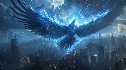 Obraz premium A majestic eagle with feathers made of light, soaring over a futuristic cityscape style