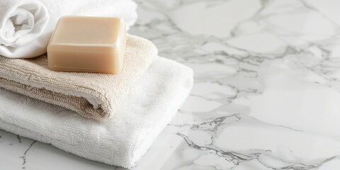 大理石の表面に置かれた石鹸とタオルとコピースペース