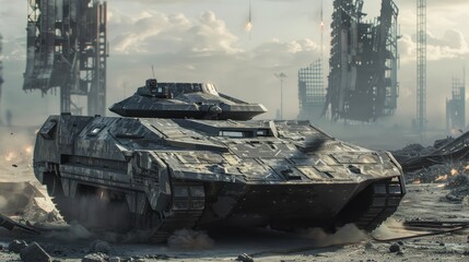 Futuristic Armored Tank Commanding Convoy in Post-Apocalyptic Wasteland under Holographic Displays - Realistic Image
