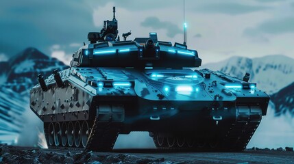Advanced High-Tech Tank Patrolling Futuristic Military Base with Radar and Sensors