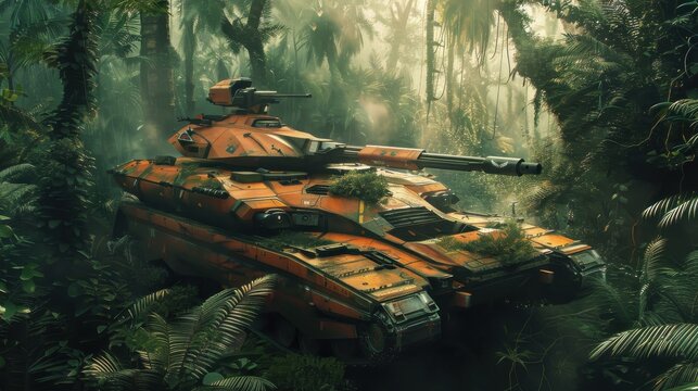 Advanced Futuristic Tank Exploring Alien Jungle with High-Tech Propulsion System - Realistic Sci-Fi Concept.