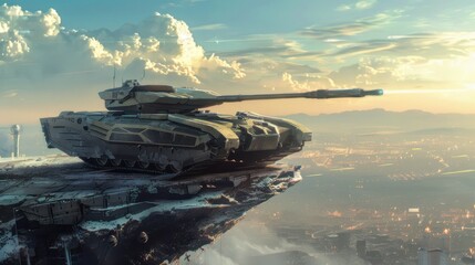 Futuristic High-Tech Tank with Energy Cannon on Ridge Overlooking Battle | Realistic Battlefield Panorama