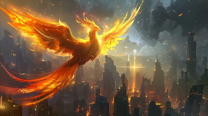 Obraz premium A mythical phoenix with feathers made of light, soaring over a futuristic cityscape style