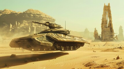 Fototapeta premium Futuristic Hover Tank Patrolling Alien Desert Ruins